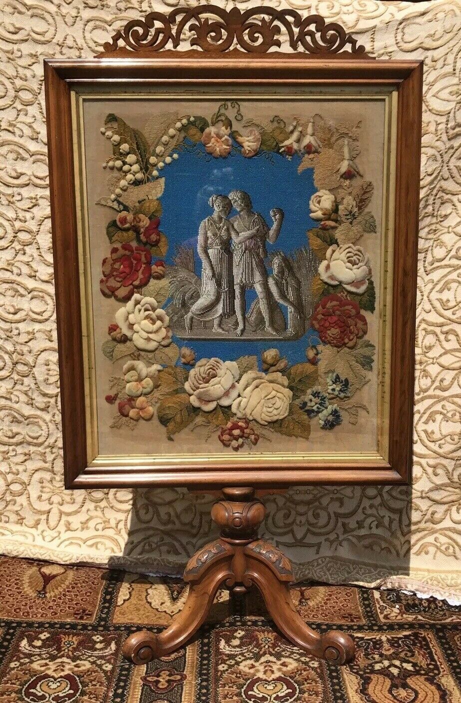 Stunning Museum Quality Fire Screen Decorated With Roman Figures In Beadwork