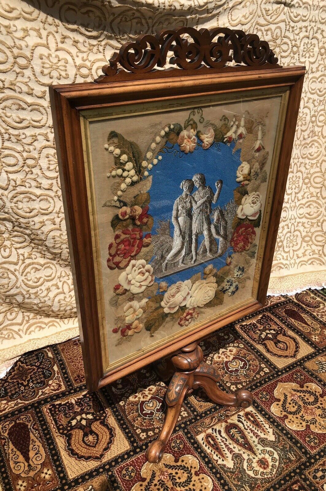 Stunning Museum Quality Fire Screen Decorated With Roman Figures In Beadwork photo for sale