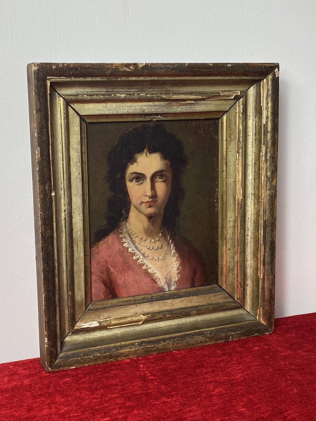 Late 19c Oil Portrait Of Lady Wearing Pearl Necklace Signed By Artist J Axmann photo for sale