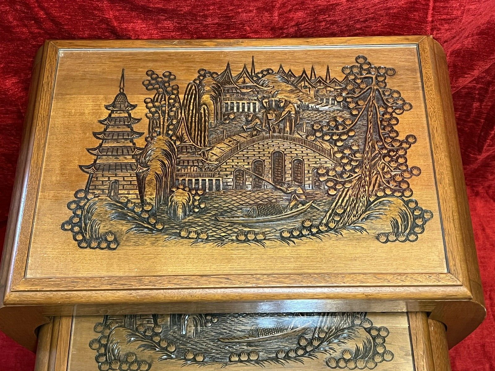 Oriental Teak Nest Of Four Tables With Mudiao Fretwork Temple Landscape Tops photo Furniture