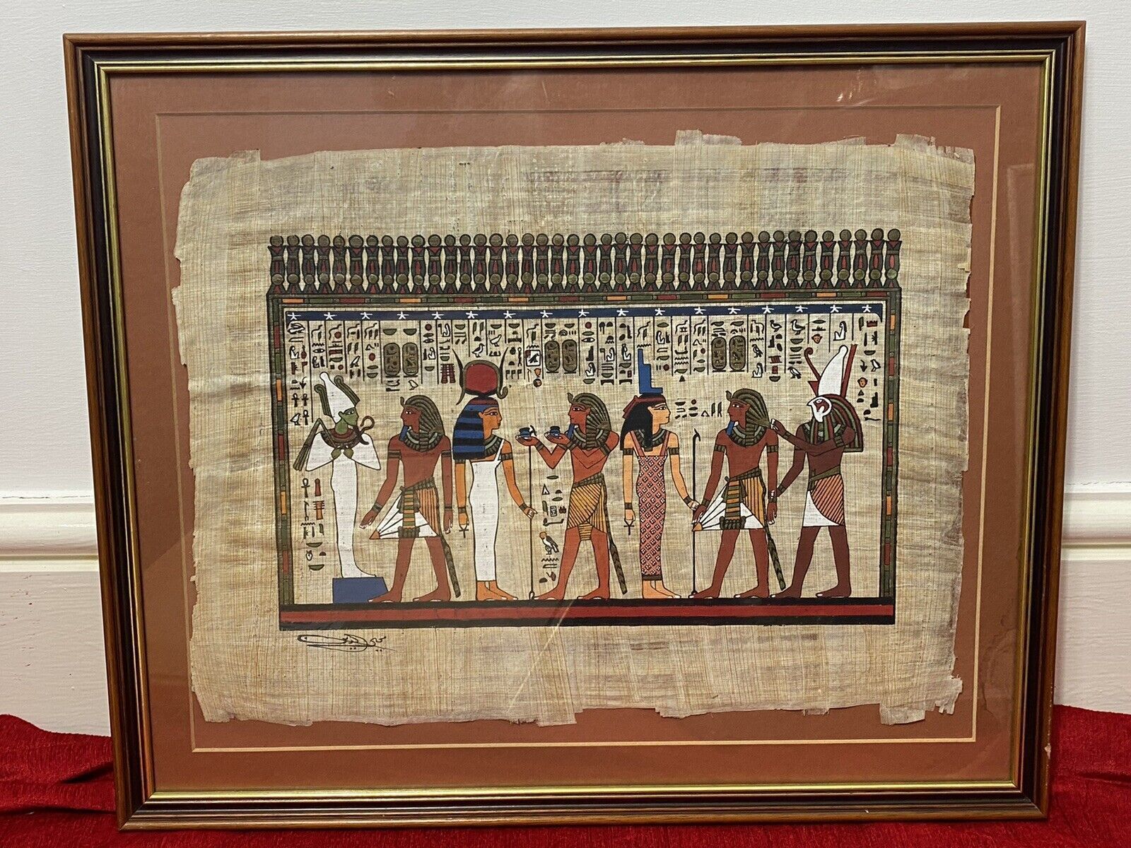 Trio Of Egyptian Hieroglyphic Artworks On Papyrus Set In Glazed Frames photo vintage