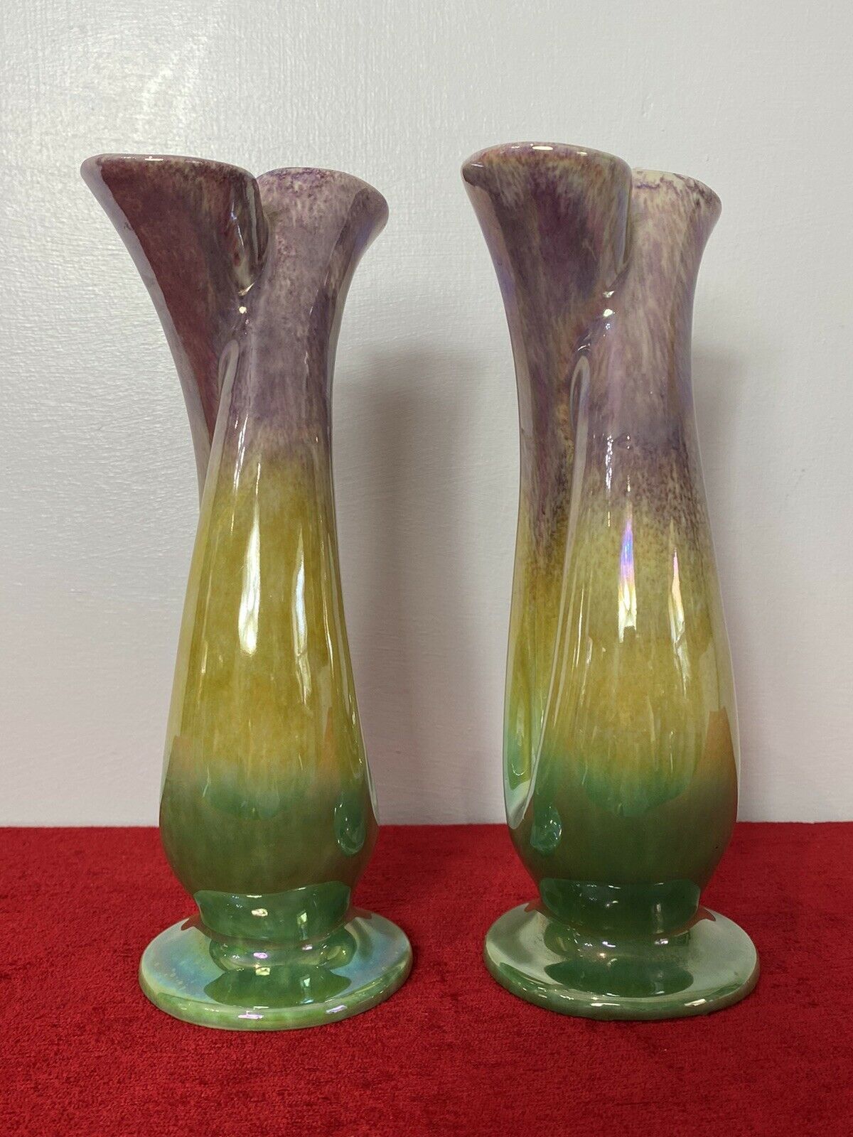 Stunning Pair Of Mid Century German Tri Colour Lustreware Tulip Vases photo buy