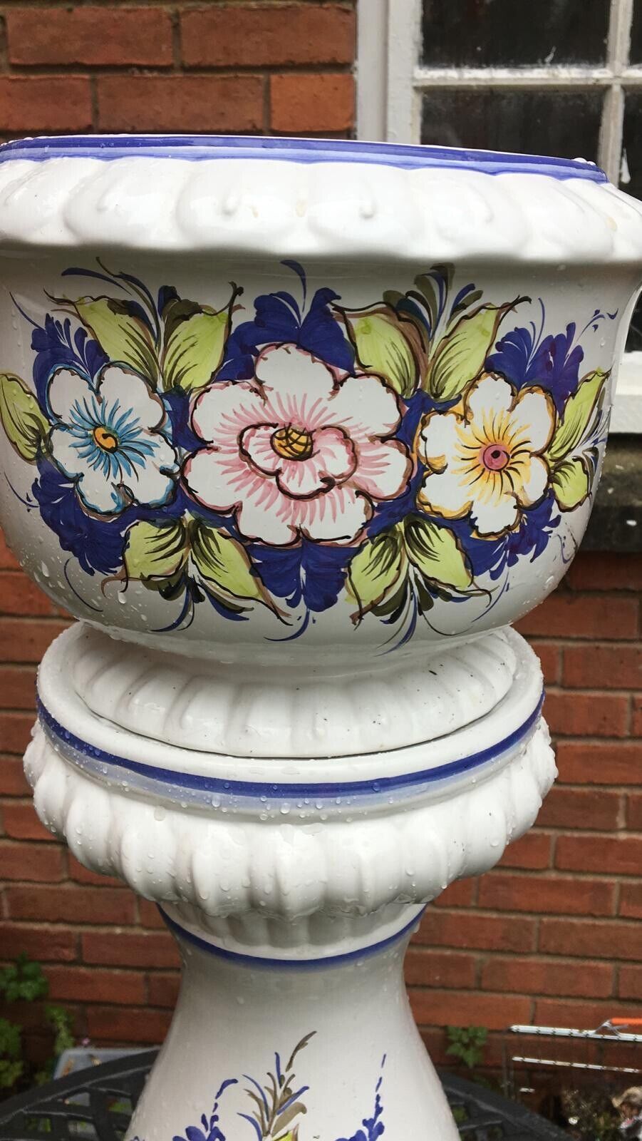 Italianate Porcelain Floral Hand Painted Jardiniere On Ornate Stand photo vinterior
