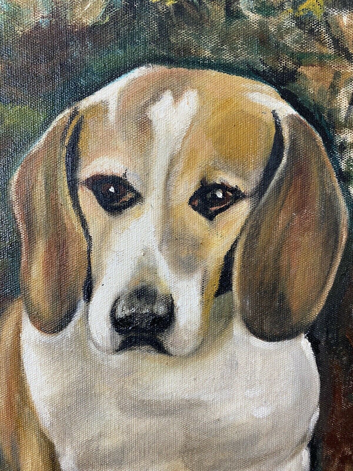 Charming Oil Portrait Of Beagle Dog With Floral Background Signed photo for sale