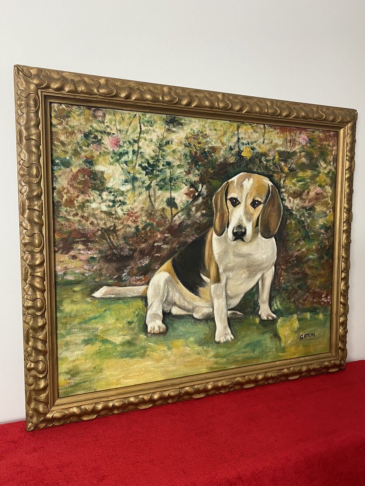 Charming Oil Portrait Of Beagle Dog With Floral Background Signed photo Art