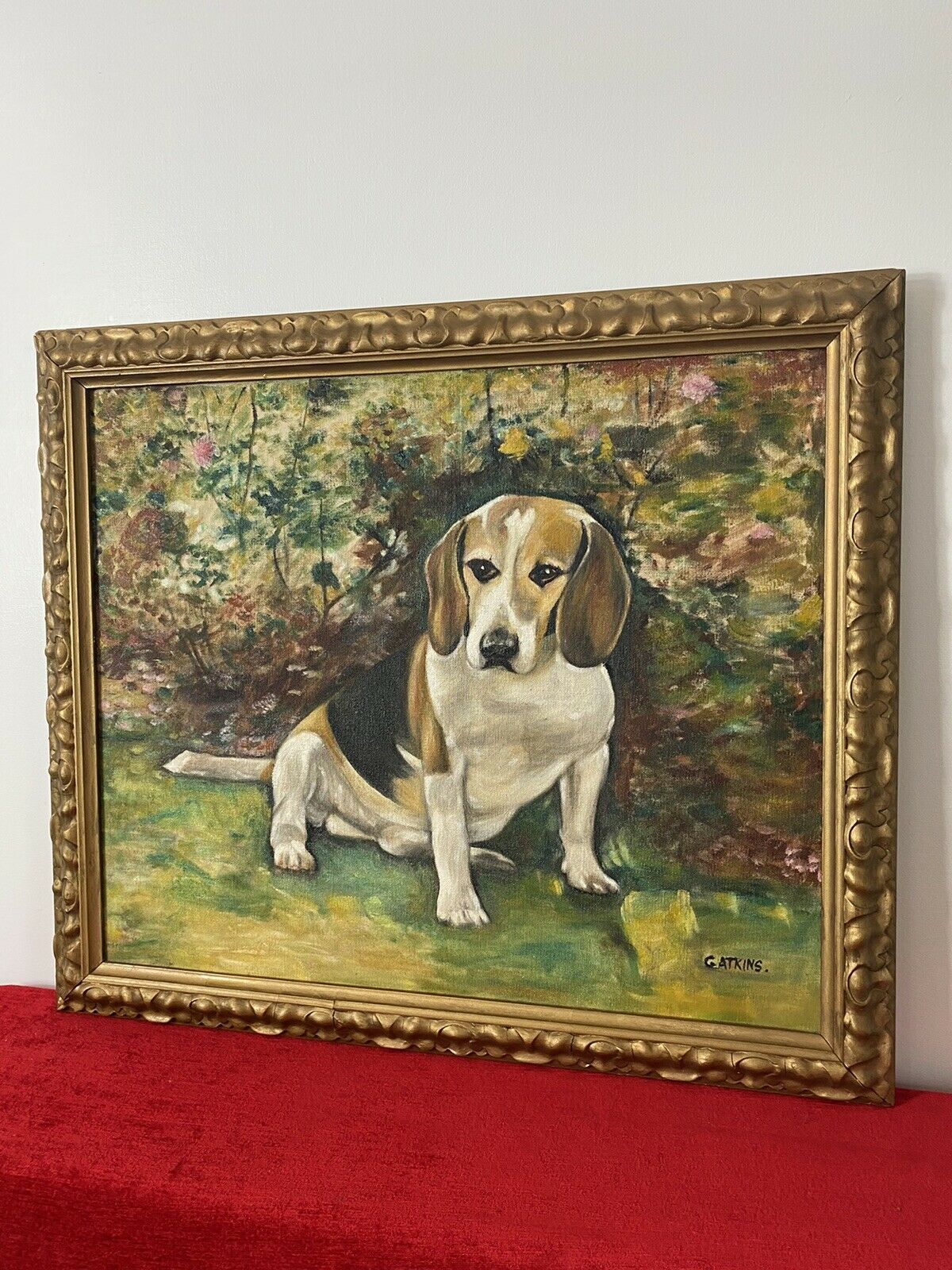 Charming Oil Portrait Of Beagle Dog With Floral Background Signed photo 195.0