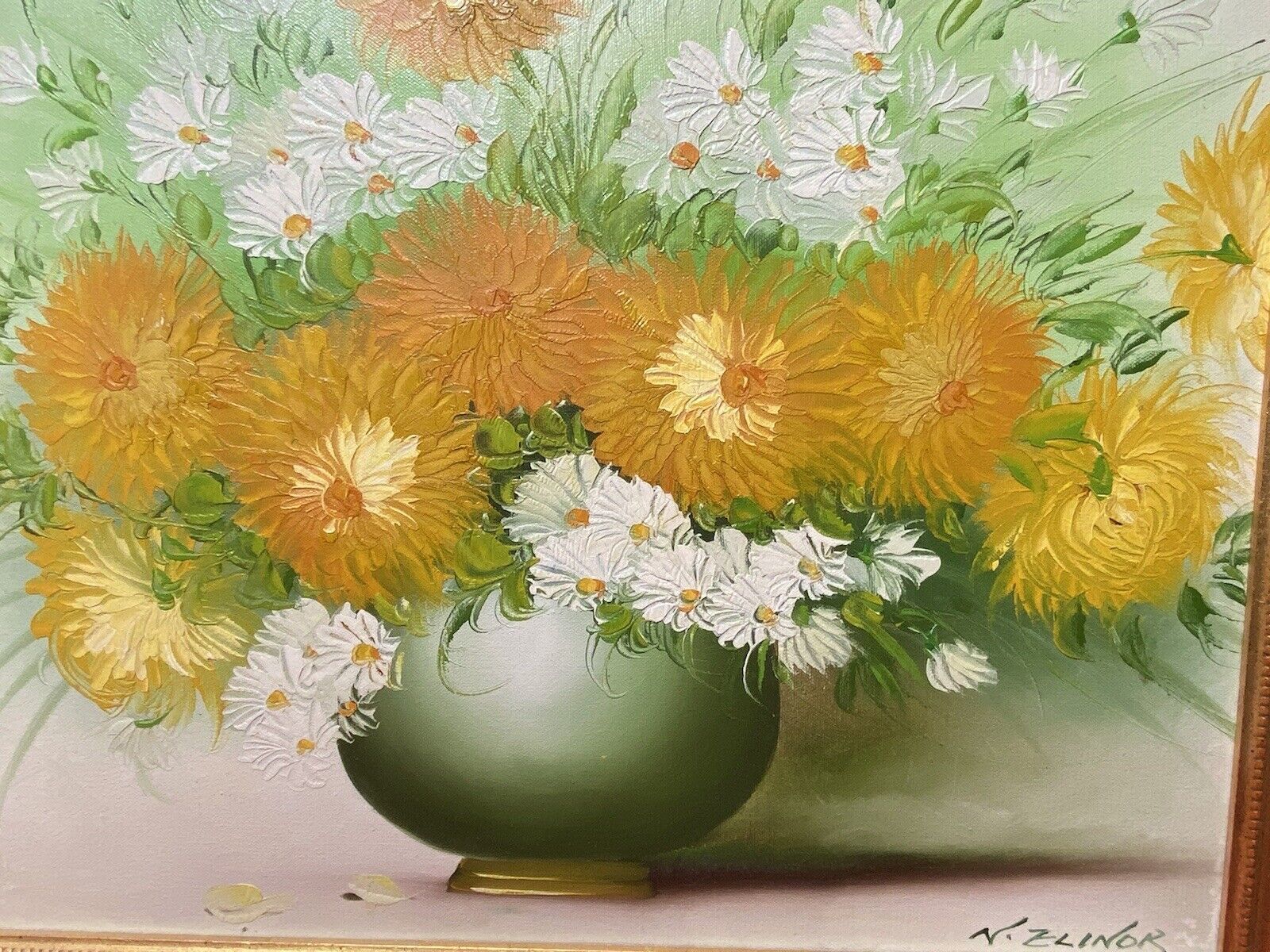 Exuberant Art Deco Chrysanthemums Still Life Oil Painting Signed N Elinor photo vinterior