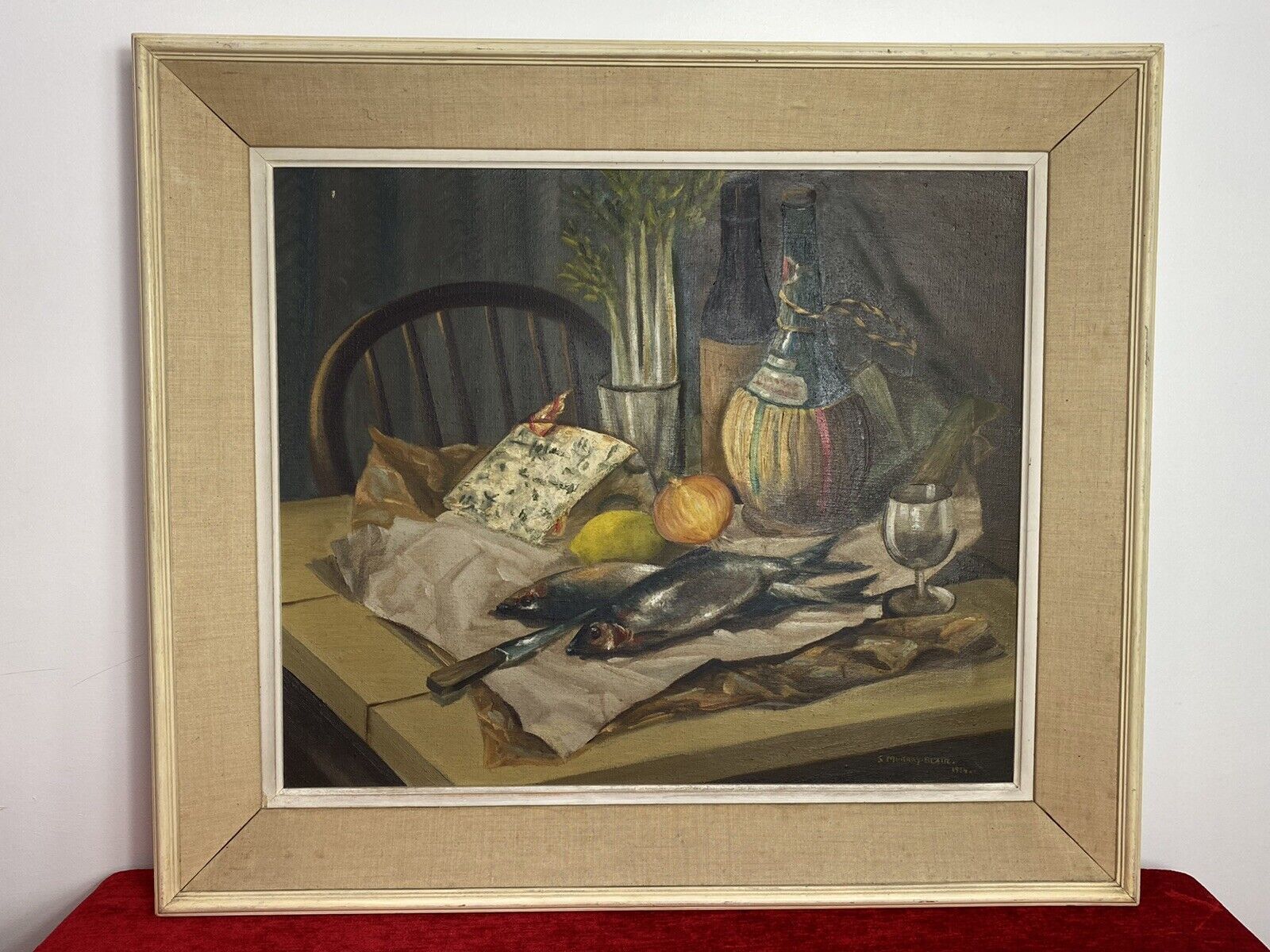 Original Oil Painting Still Life Title Herrings Signed S Murray Blair 1954 photo furniture