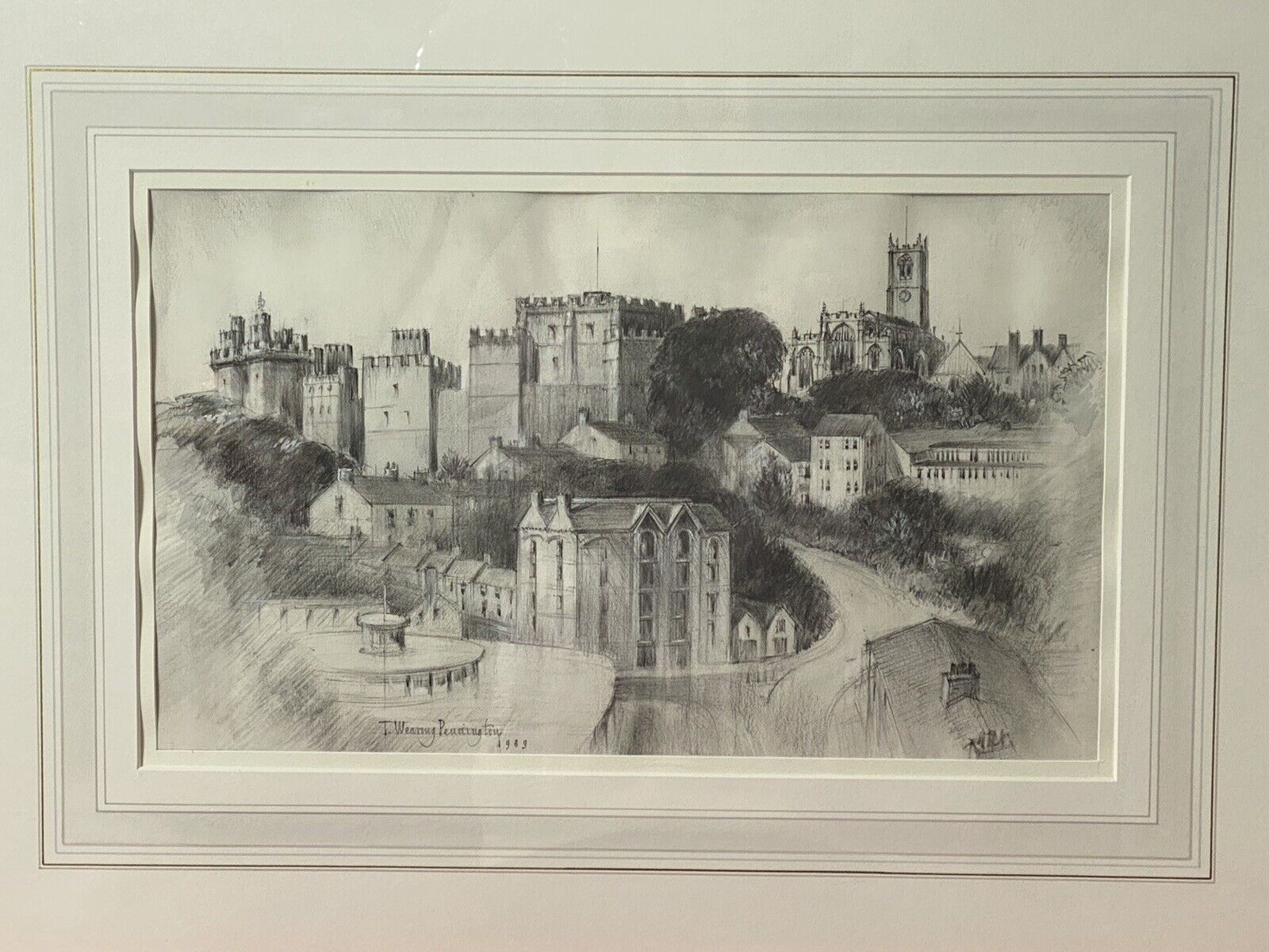 Teresa Wearing Pennington Castle Hillside Townscape Pencil Drawing 1989 Signed photo for sale