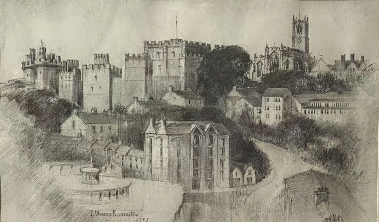 Teresa Wearing Pennington Castle Hillside Townscape Pencil Drawing 1989 Signed photo Art
