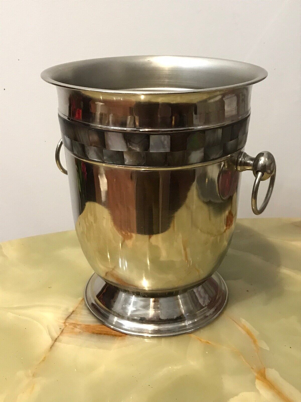 photo for sale Reproduction Silver Plate Champagne Bucket With Mother Of Pearl Banding