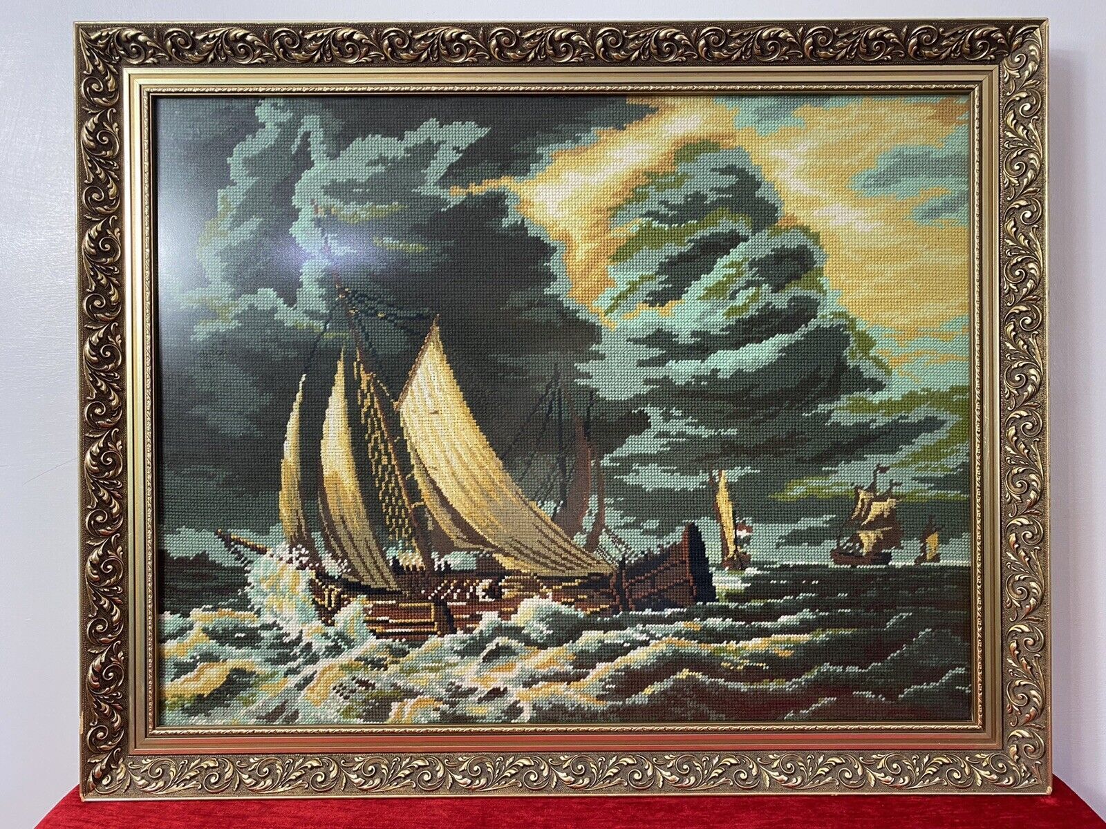 Large Maritime Wool Work Tapestry Masterpiece Of Sailing Ships Upon Stormy Sea photo for sale