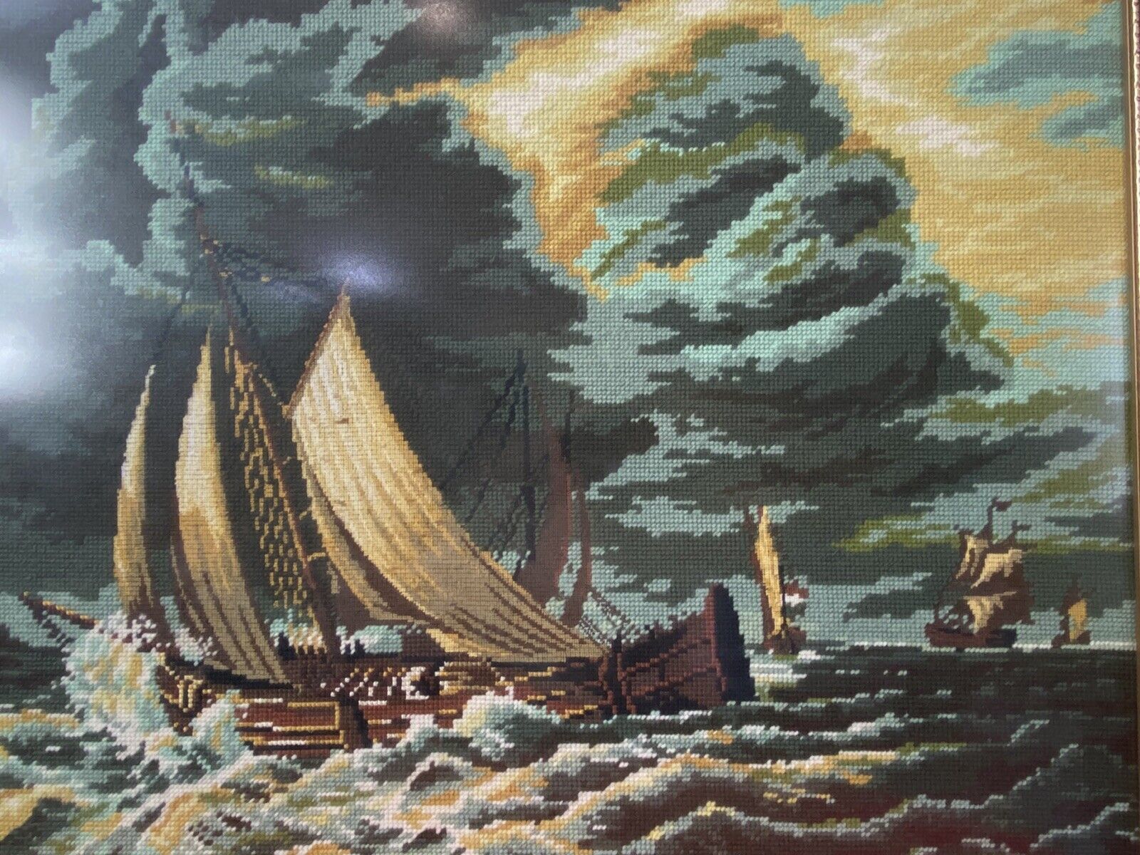 Large Maritime Wool Work Tapestry Masterpiece Of Sailing Ships Upon Stormy Sea photo vinterior