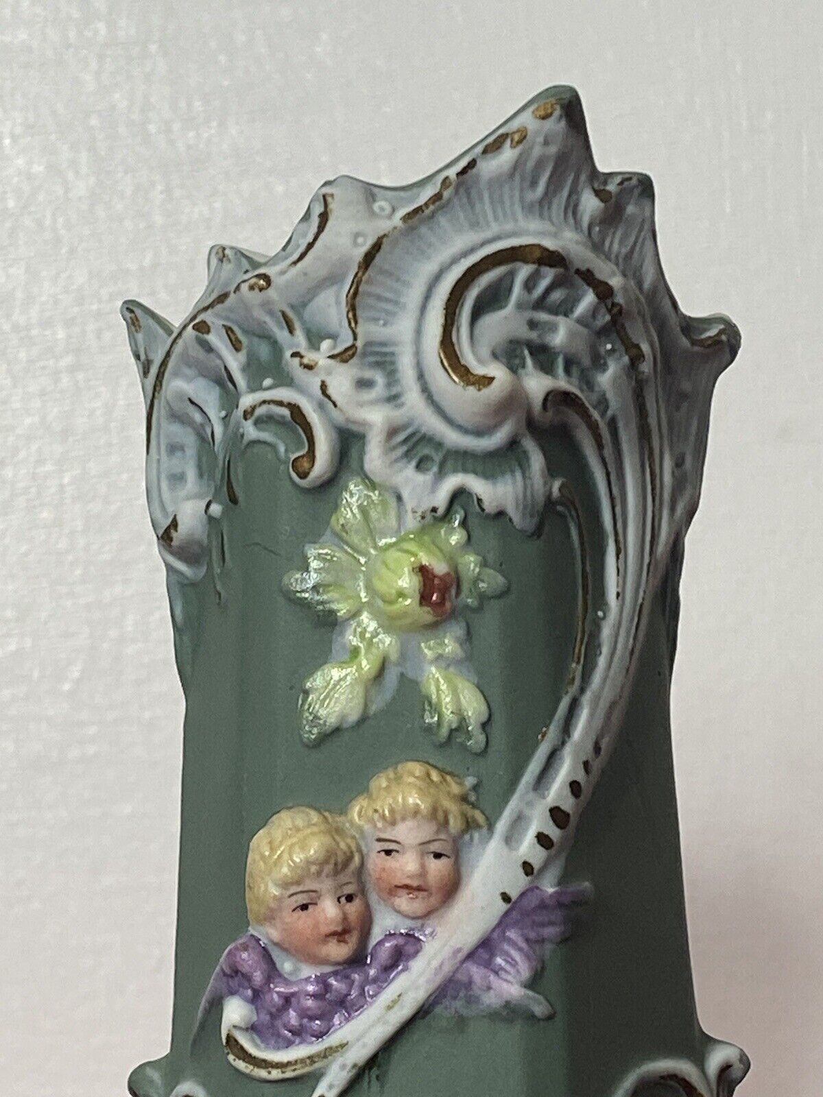 Pair Of Elaborate Parian Ware 'Trio Of Winged Putti' Hexagonal Posey Vases photo 285.0