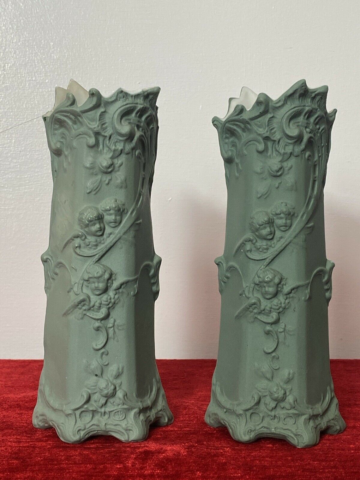 photo furniture Pair Of Elaborate Parian Ware 'Trio Of Winged Putti' Hexagonal Posey Vases