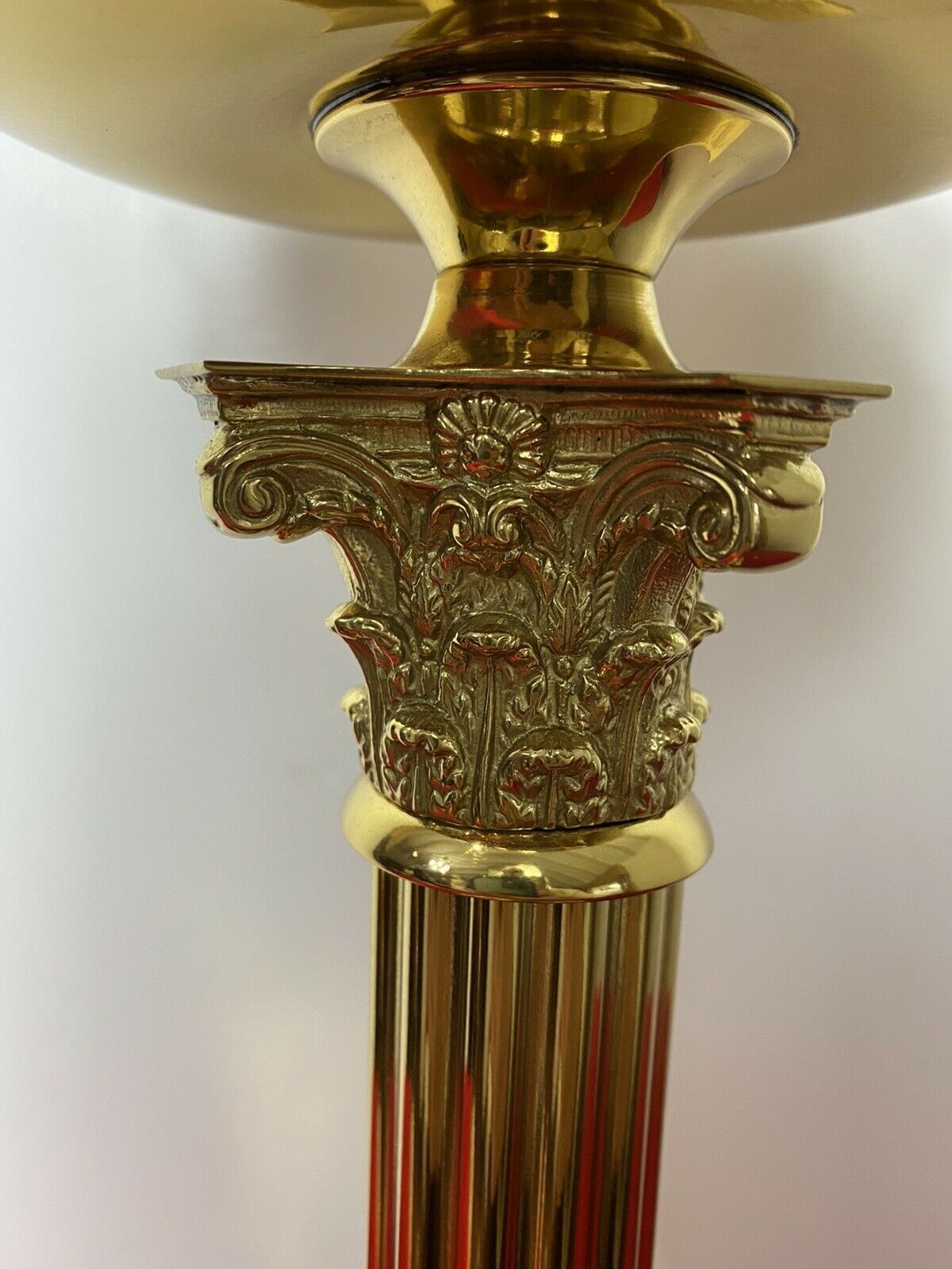 Brass Corinthian Column Table Oil Lamp With White Opaque Glass Funnel & Shade photo vinterior