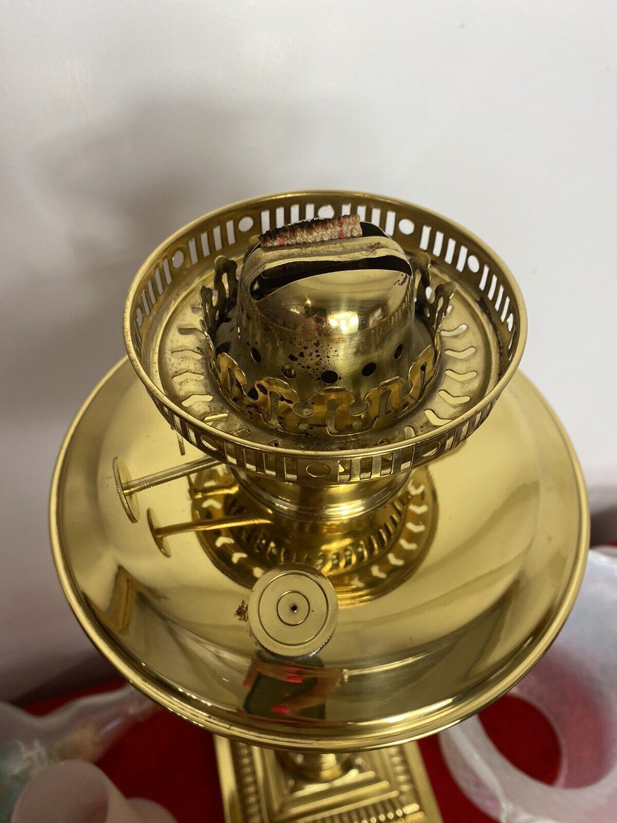 Brass Corinthian Column Table Oil Lamp With White Opaque Glass Funnel & Shade photo vintage
