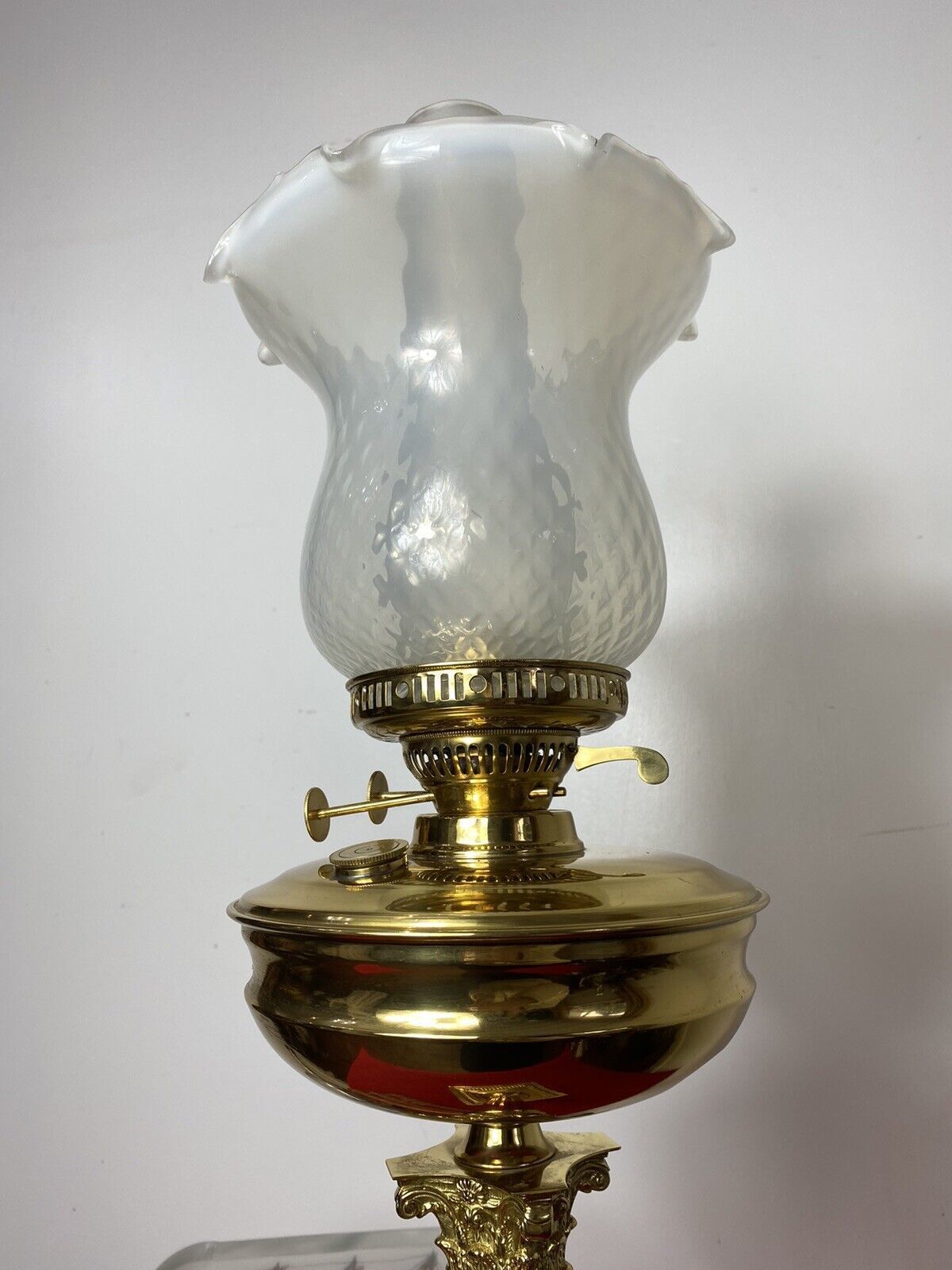 photo furniture Brass Corinthian Column Table Oil Lamp With White Opaque Glass Funnel & Shade