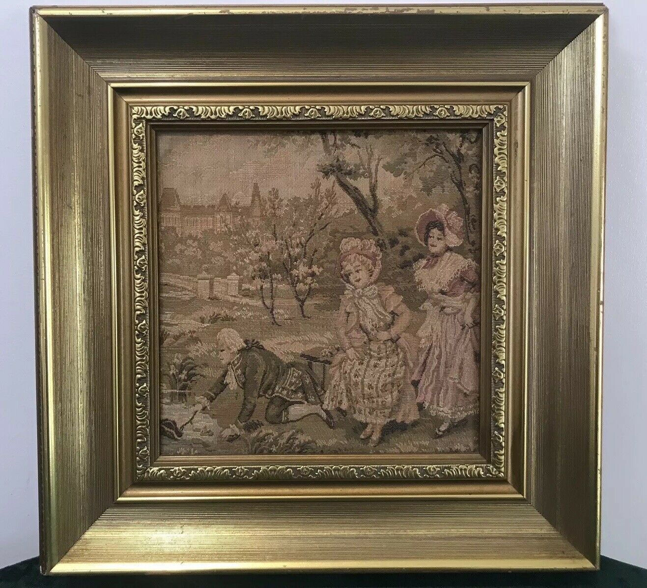 Fine Reproduction 18th Century Style French Figures In Chateau Garden Tapestry