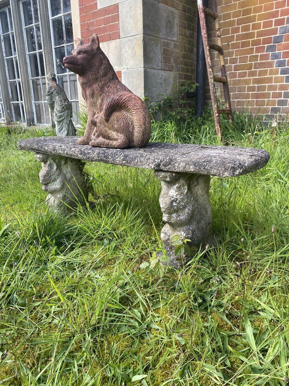 Vintage Garden Seat With Grey Squirrel Plinths photo Garden Decor