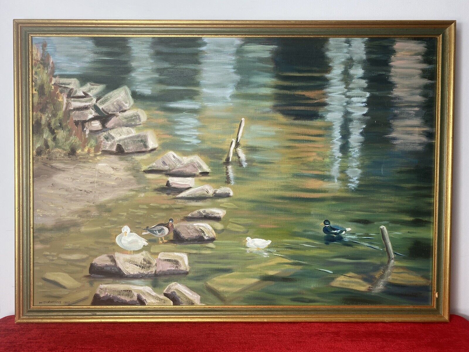 20th Century Ducklings With Stepping Stones Oil Painting Signed H H Connelly photo Art