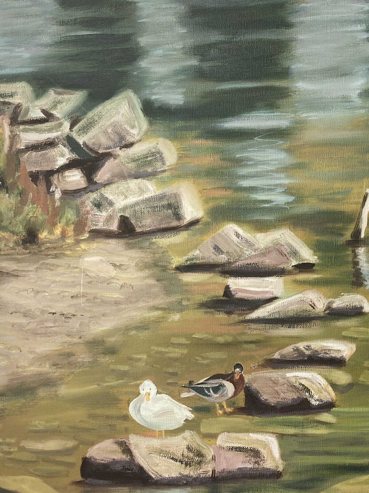 20th Century Ducklings With Stepping Stones Oil Painting Signed H H Connelly photo vintage