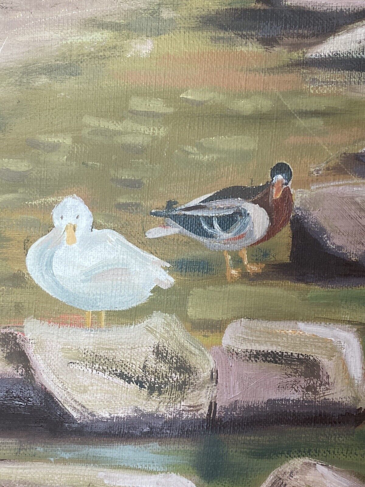 photo for sale 20th Century Ducklings With Stepping Stones Oil Painting Signed H H Connelly