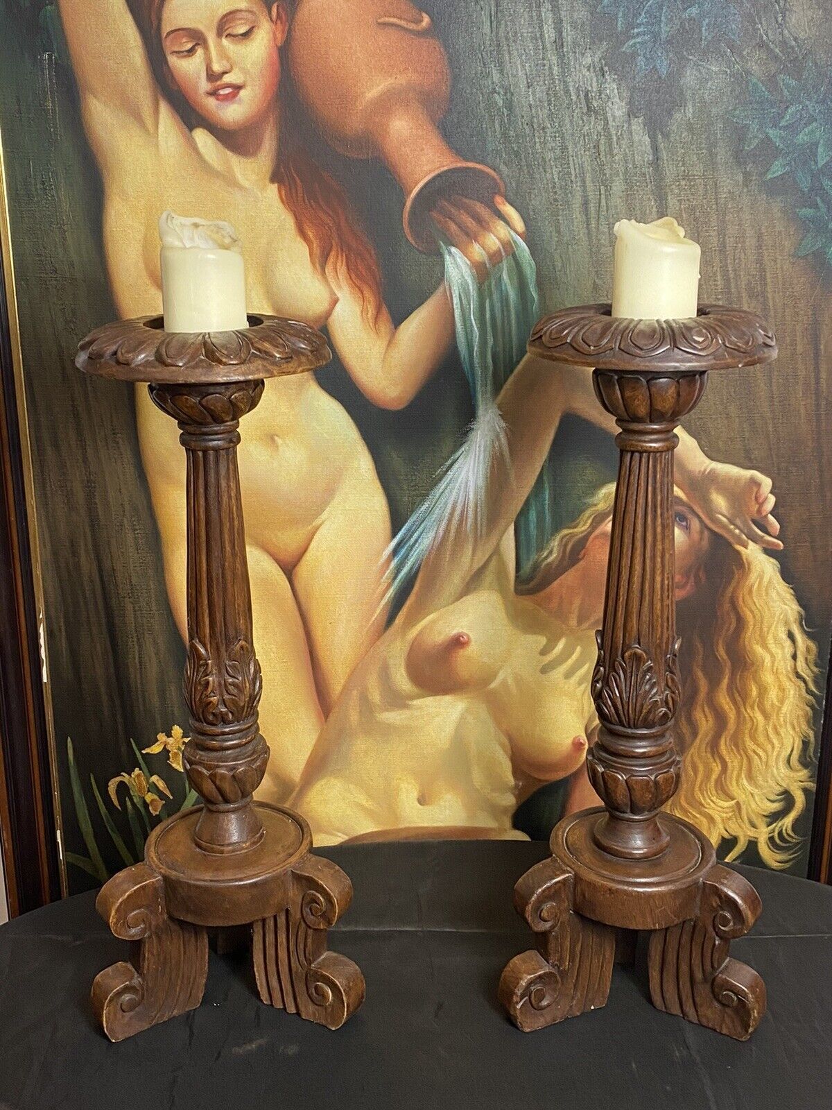 19th Century Pair Of Gothic Carved Walnut Tripod Candle Stands photo furniture