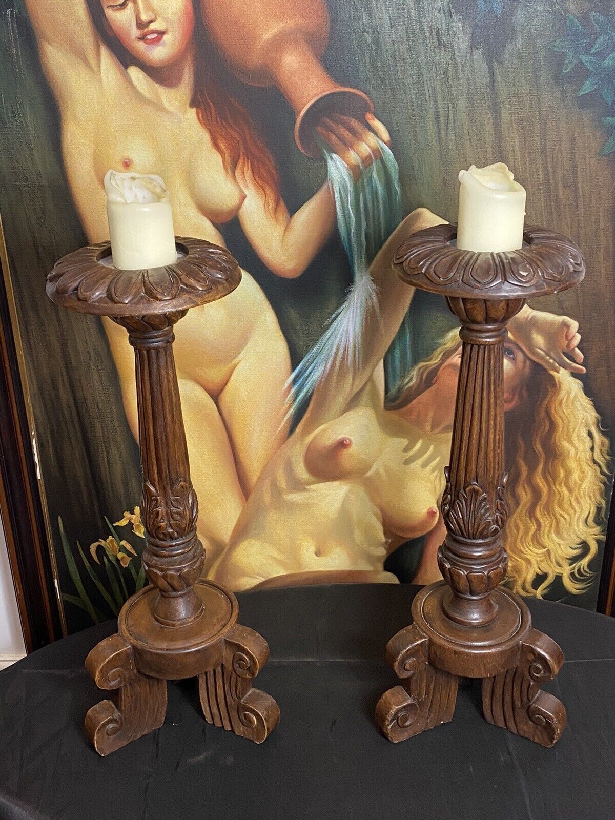Home Decor 19th Century Pair Of Gothic Carved Walnut Tripod Candle Stands photo