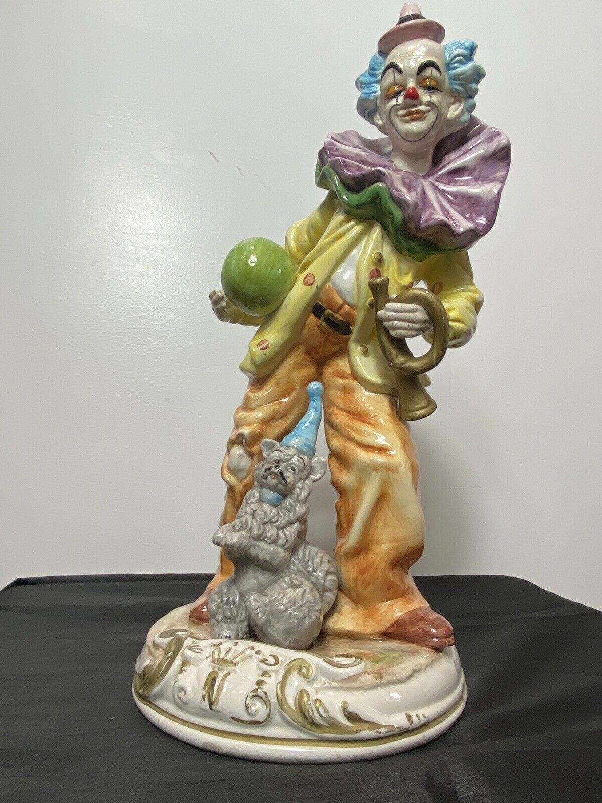 Magnificent Large Capodimonte Bright Glazed Clown Figurine With Dog Companion photo for sale