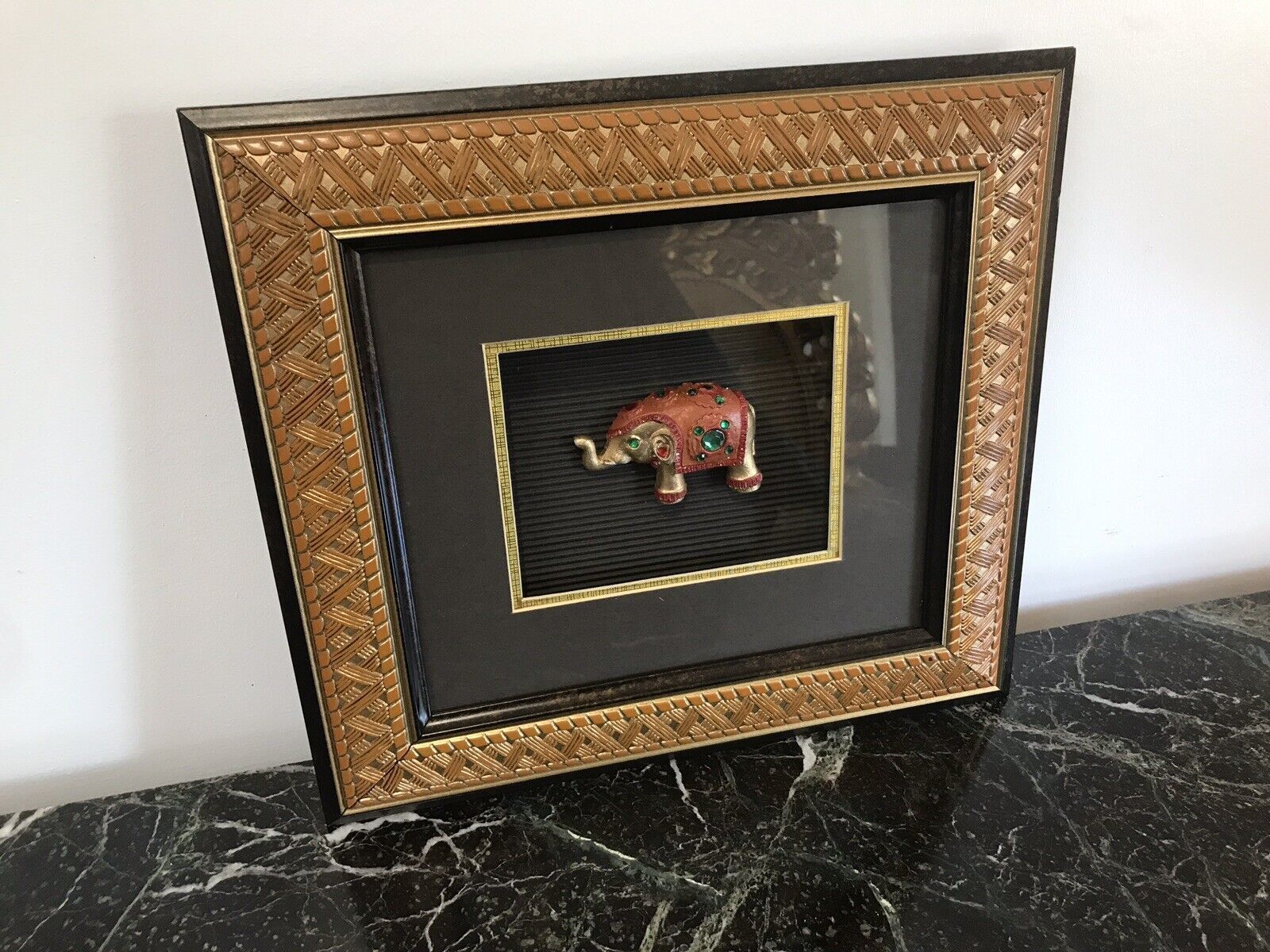 Indian Minature Carved Elephant In A Carved Guilt Picture Frame photo furniture