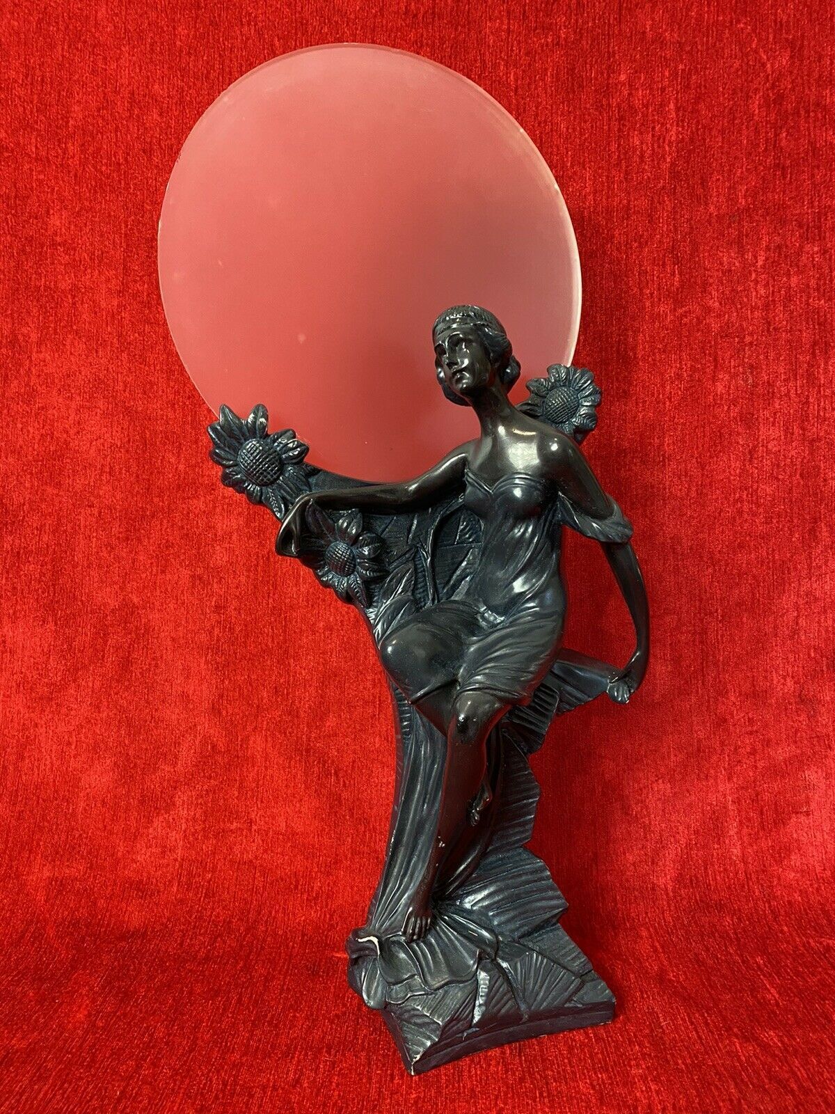 Art Nouveau Figurative Sculpture Of Female & Sunflowers With Frosted Sphere photo furniture