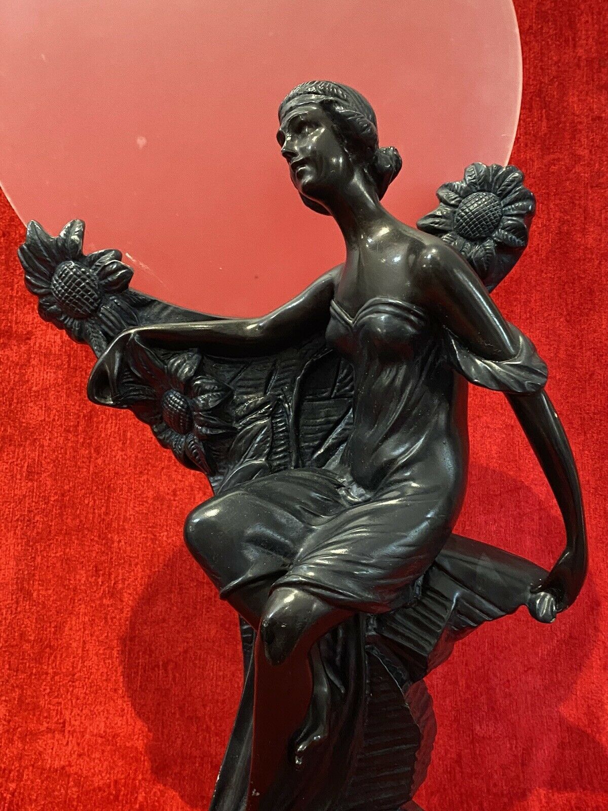 Art Nouveau Figurative Sculpture Of Female & Sunflowers With Frosted Sphere photo 195.0