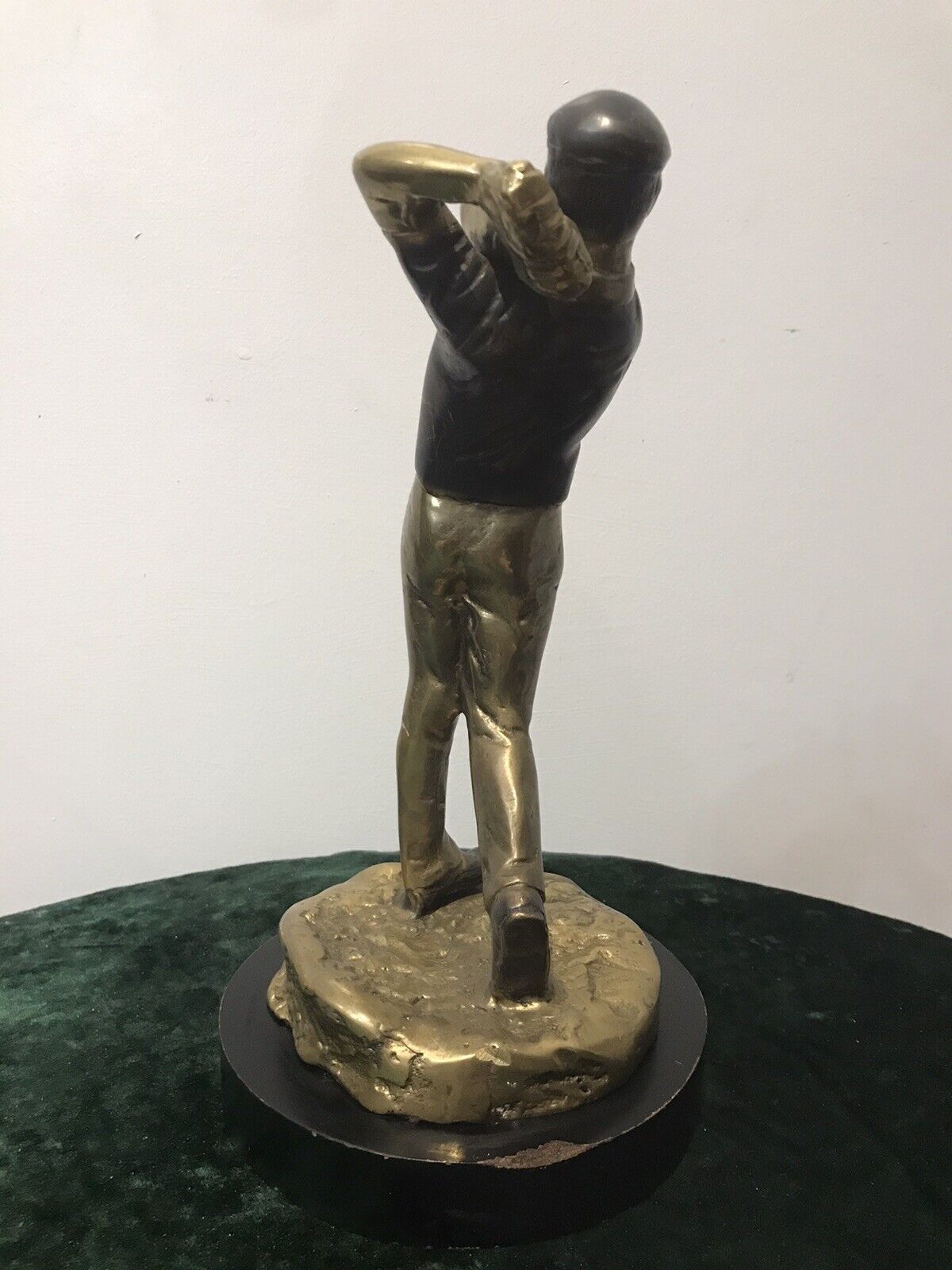 Bronze Statue Of A Golfer On Wooden Plinth photo for sale