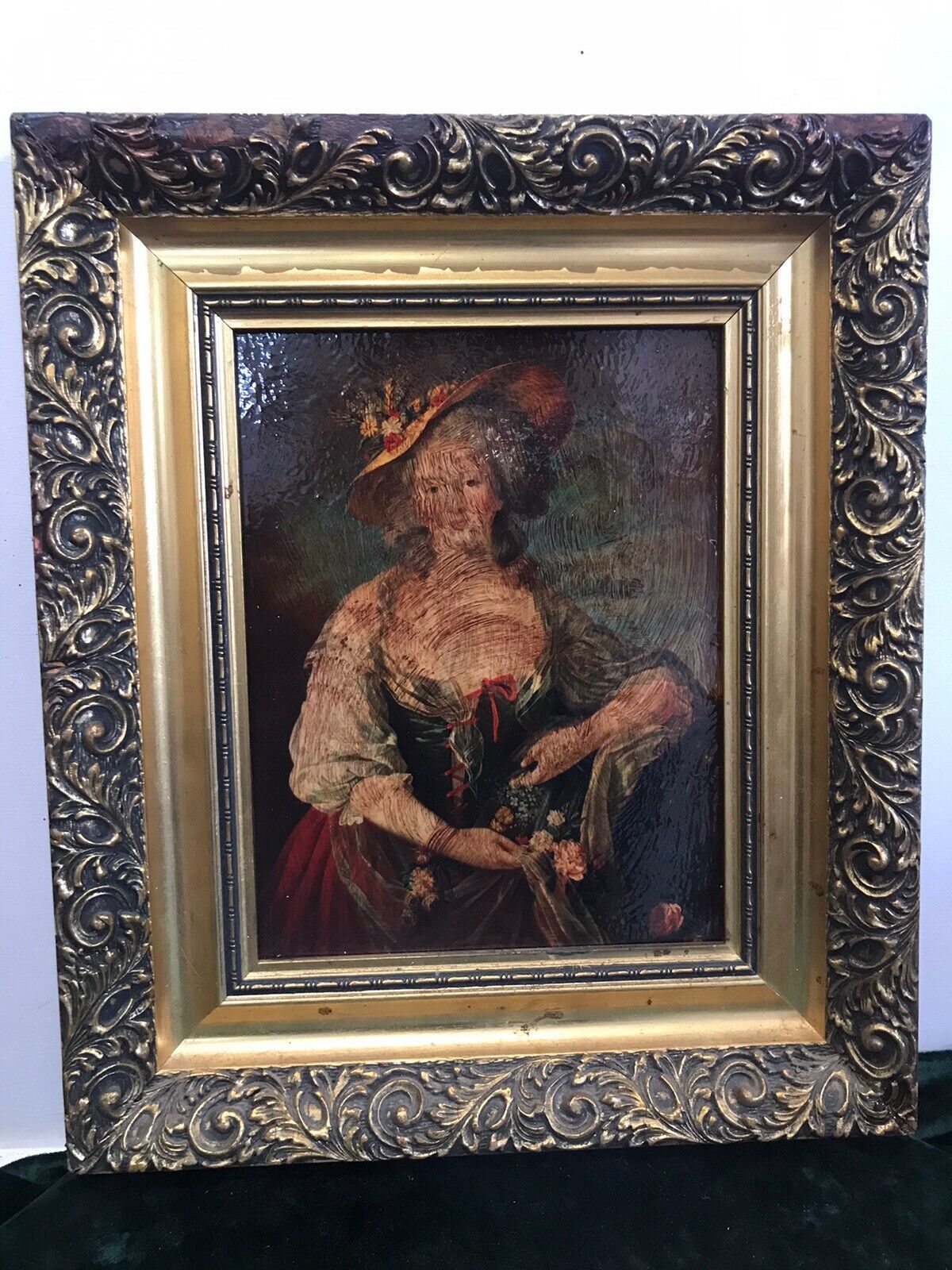 photo vintage Vintage Oleograph In The Style Of Gainsborough Lady In Elaborate Gown Framed