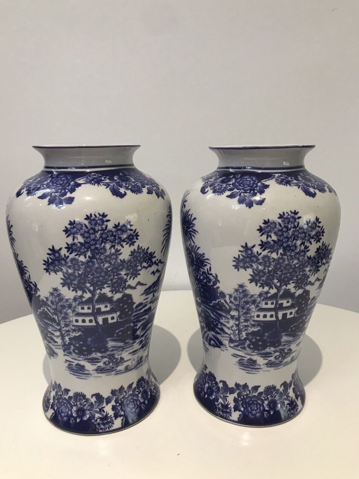 Pair Of Fine Landscape Oriental Pictorial Scene Porcelain Glazed Vases photo Home Decor