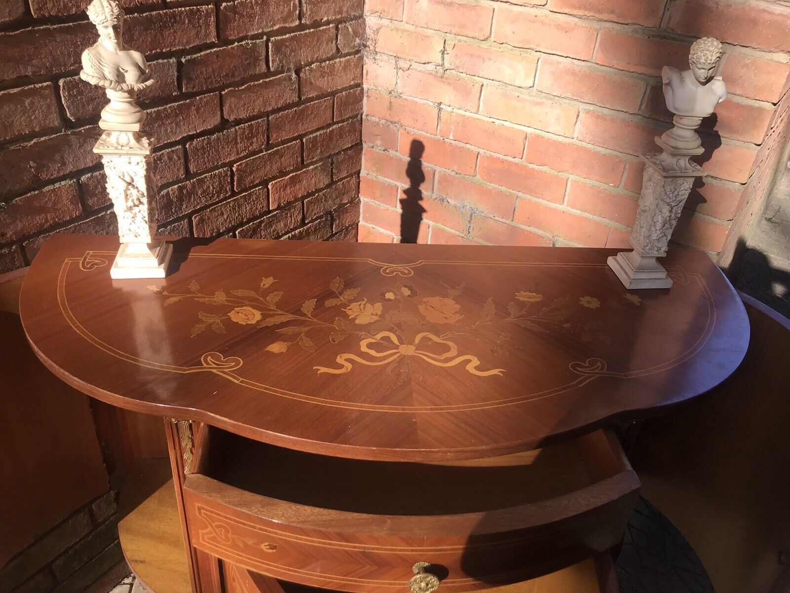 photo for sale Italianate Marquetry Bow Front Commode With Romantic Floral Bouquet Inlays