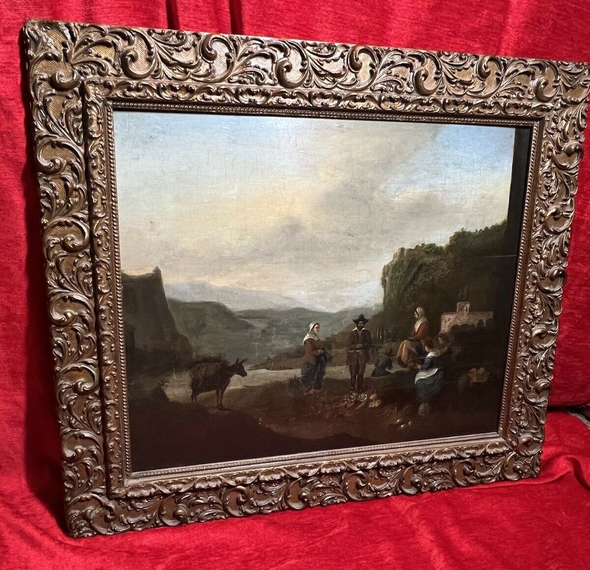 Dutch 18th Century Old Master Oil Painting 'Peasant Figures In Castle Landscape' photo Art