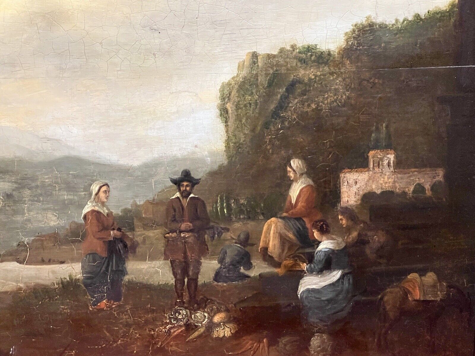 Art Dutch 18th Century Old Master Oil Painting 'Peasant Figures In Castle Landscape' photo
