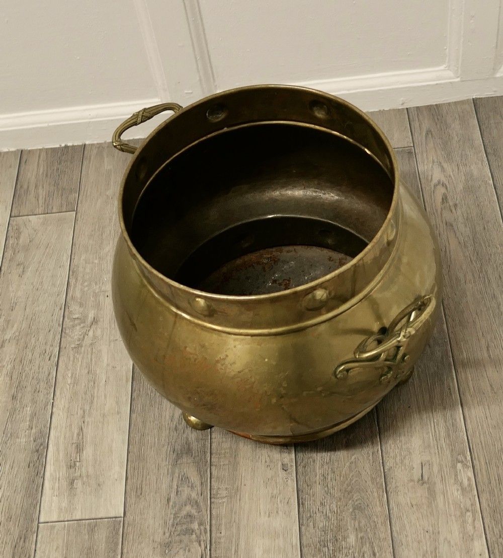 19th Century Pot Belly Brass Coal Bucket On Feet photo for sale