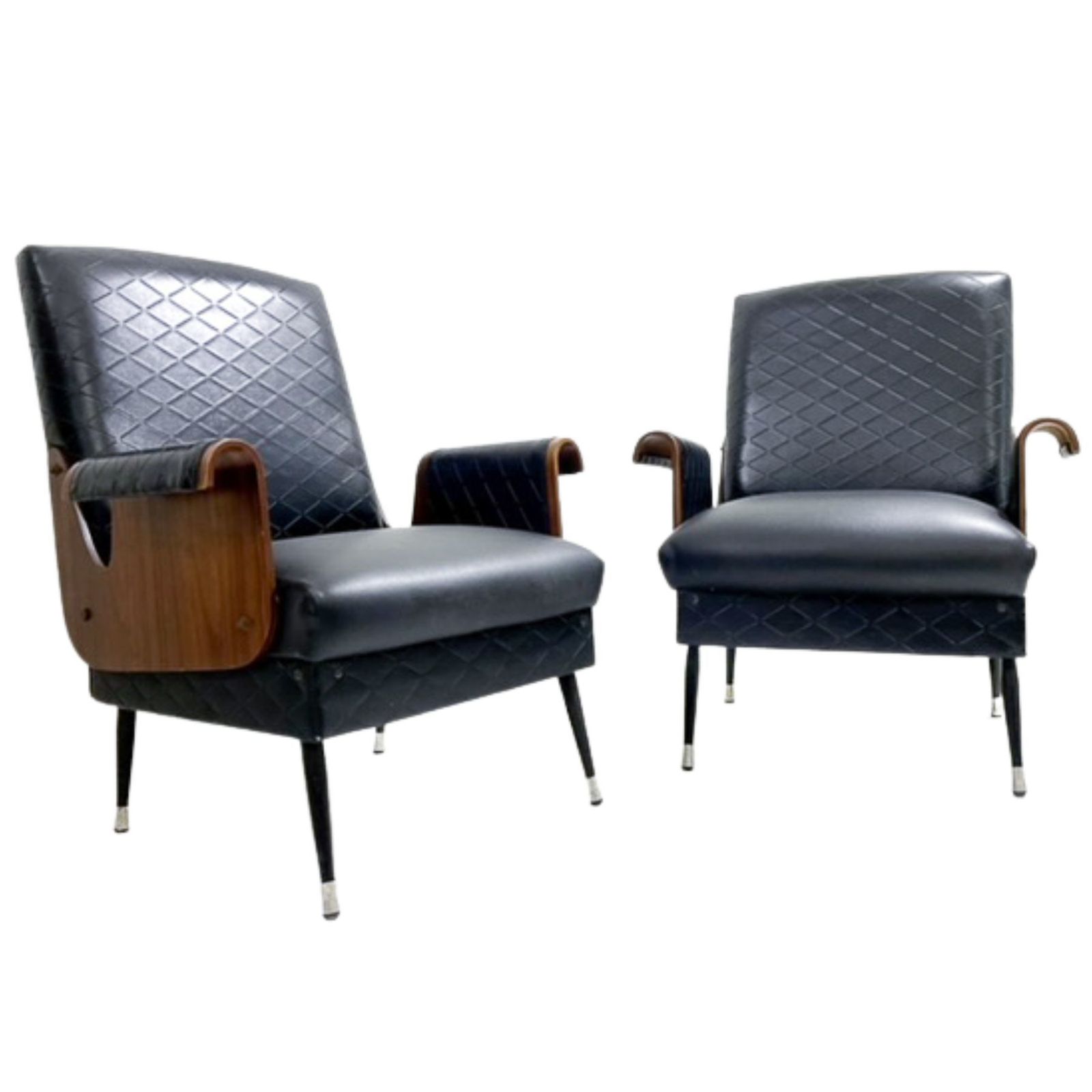 Pair Of Mid Century Modern Armchairs In Walnut & Vegan Leather