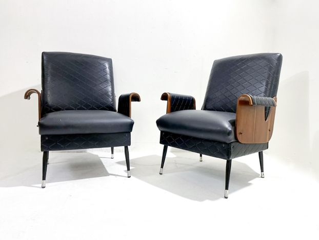 Pair Of Mid Century Modern Armchairs In Walnut & Vegan Leather photo furniture