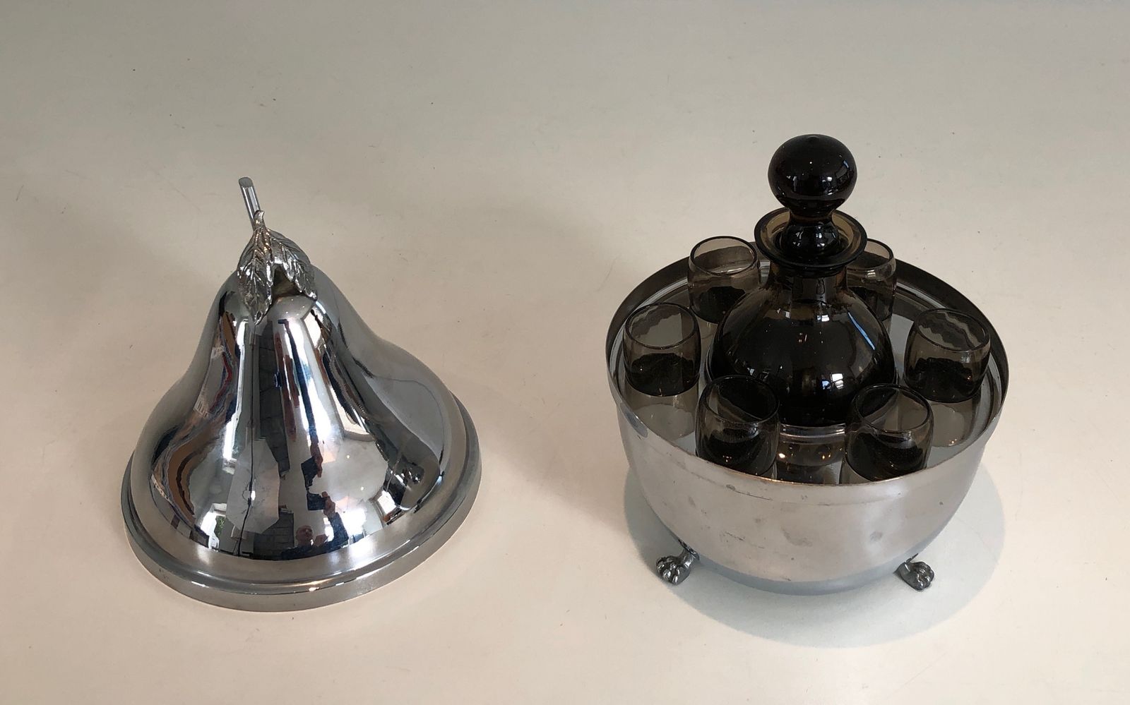 Pear Shaped Liquor Cellar In Silver Metal And Smoked Glass. French Work. Around 1970 photo 625.0