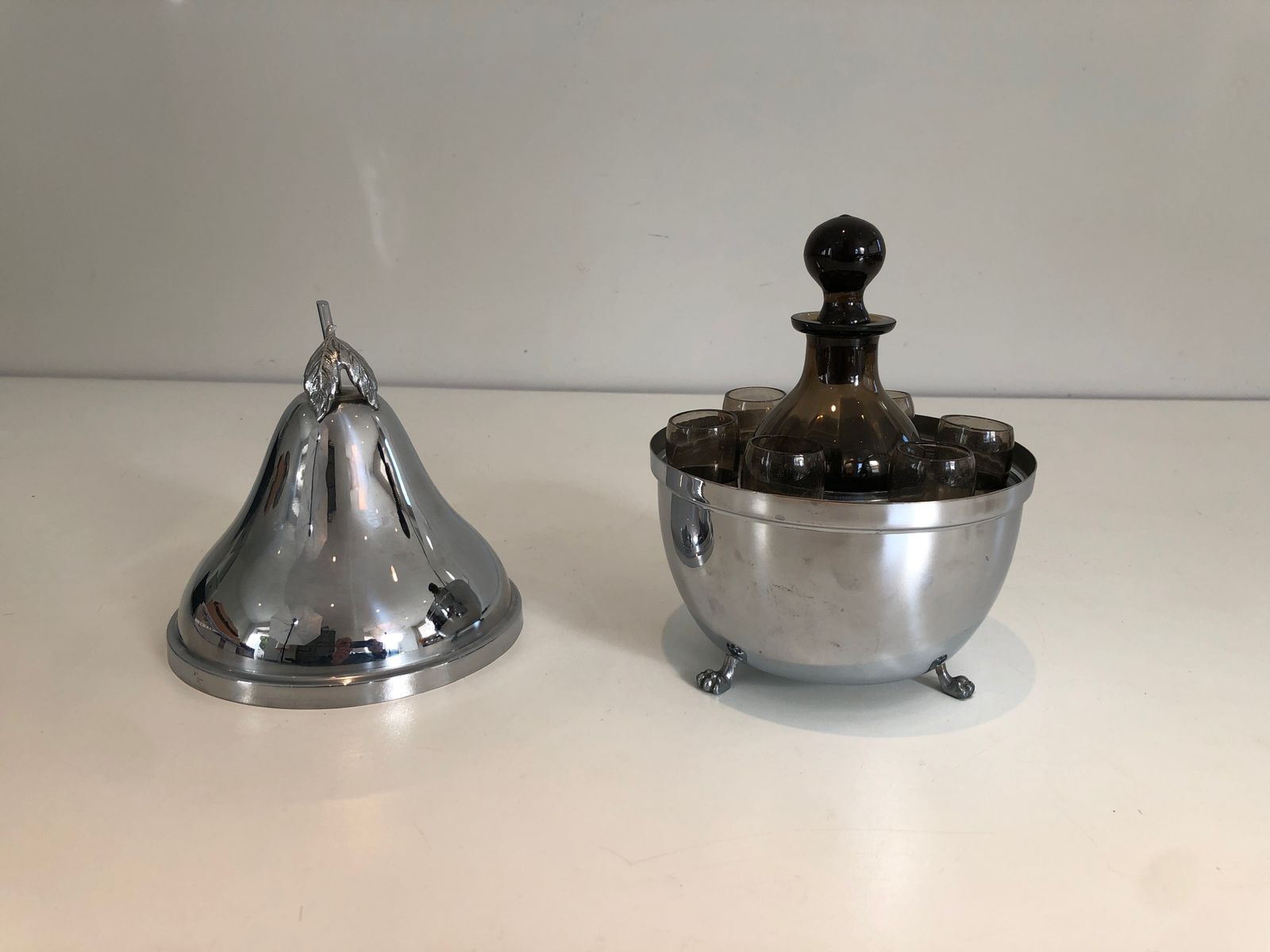 photo buy Pear Shaped Liquor Cellar In Silver Metal And Smoked Glass. French Work. Around 1970