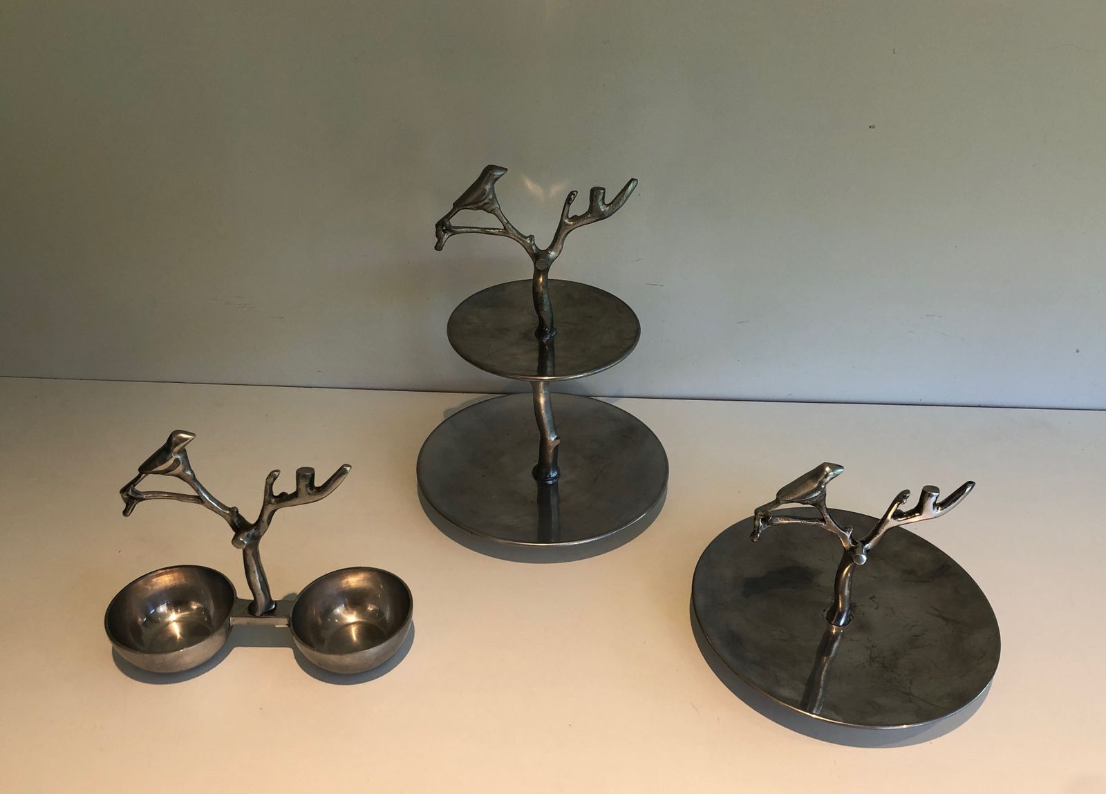 Suite Of 3 Aluminum Serving Pieces Decorated With Birds And Branches photo furniture