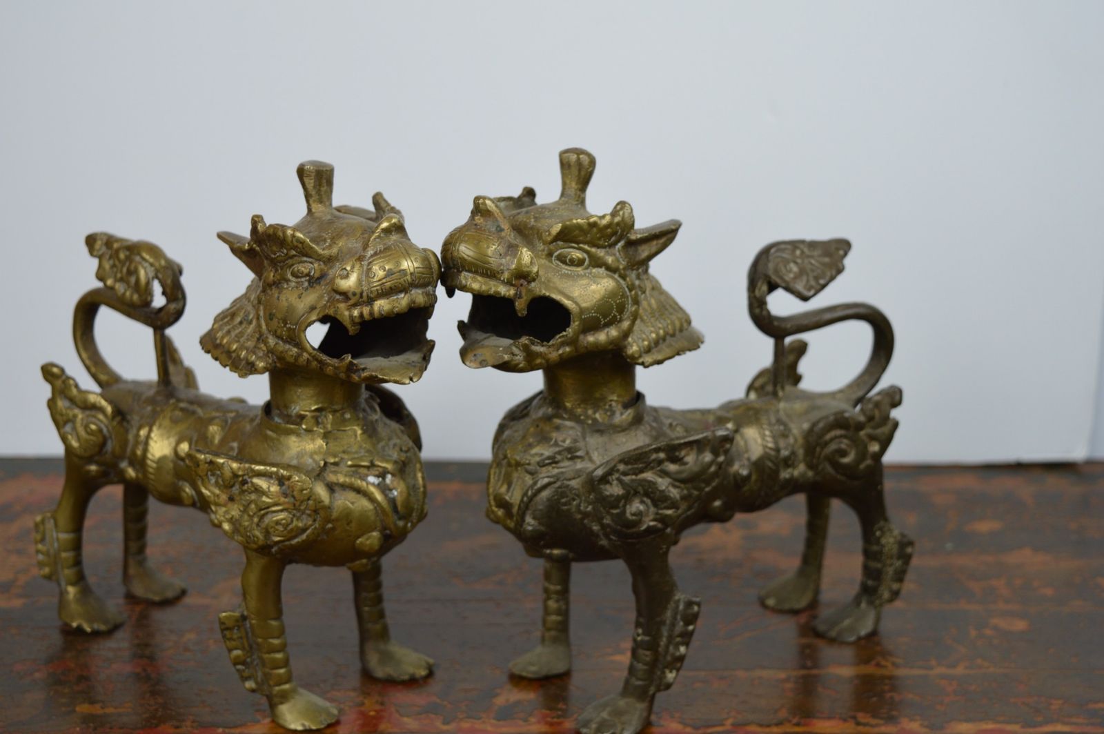 Pair Tibetan Gilt Bronze Temple Lions, C1920 photo furniture