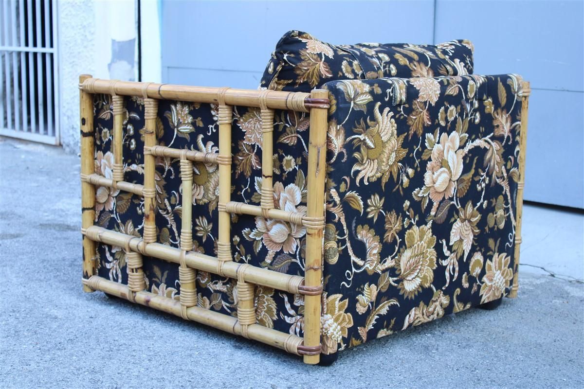Mid Century Italian Armchair In Cane And Bamboo Fabric With Vivai Del Sud Flower photo vinterior