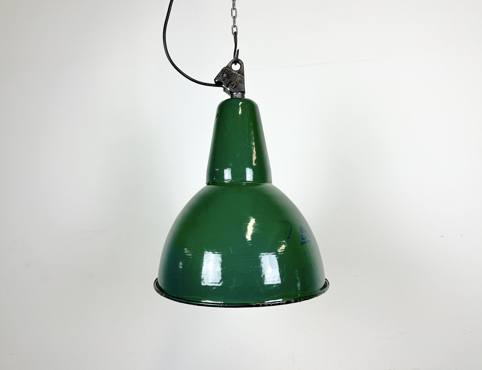 Industrial Green Enamel Factory Lamp With Cast Iron Top, 1960s photo for sale