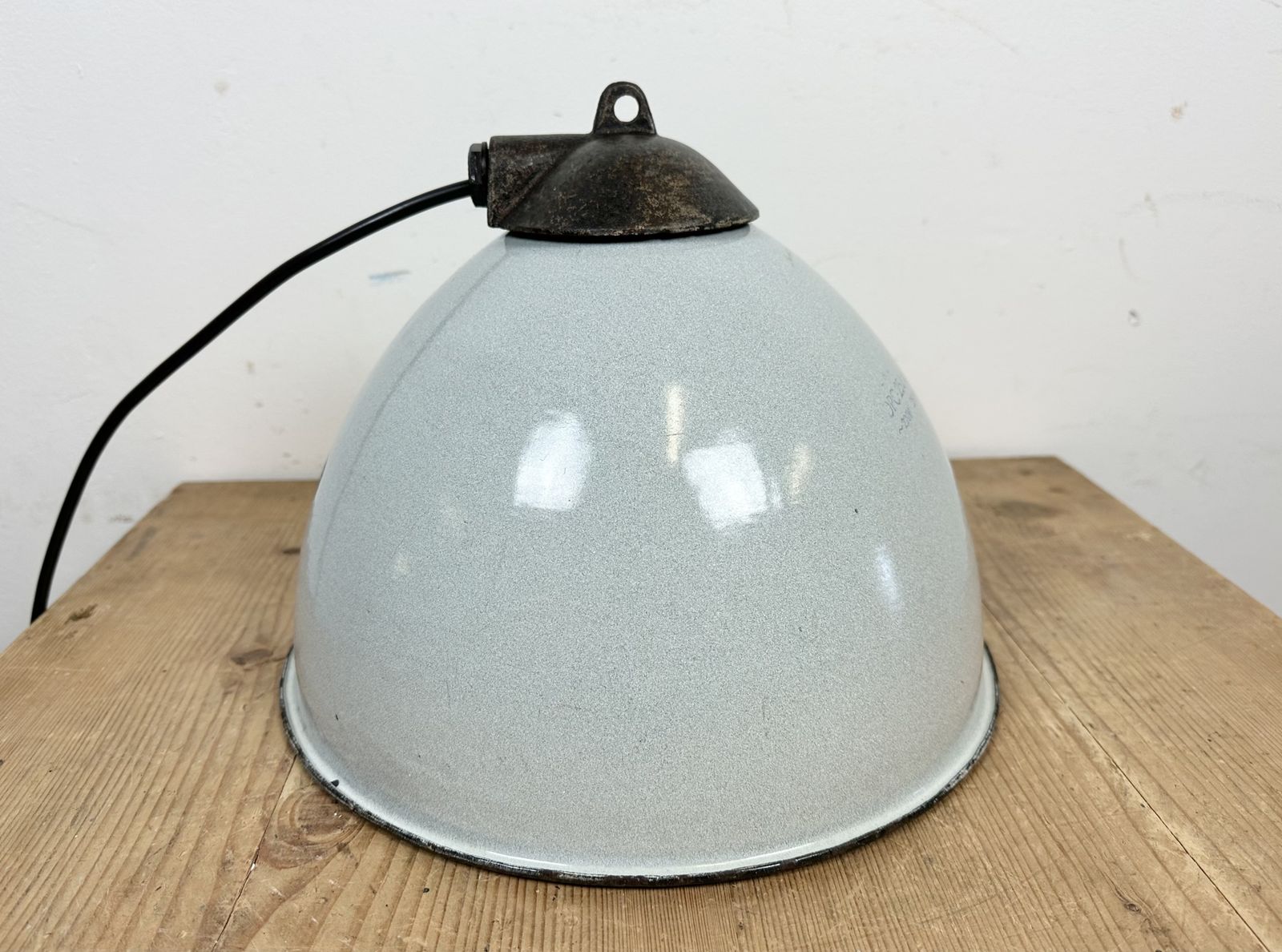 Industrial Grey Enamel Factory Lamp With Cast Iron Top, 1960s, 3x photo furniture