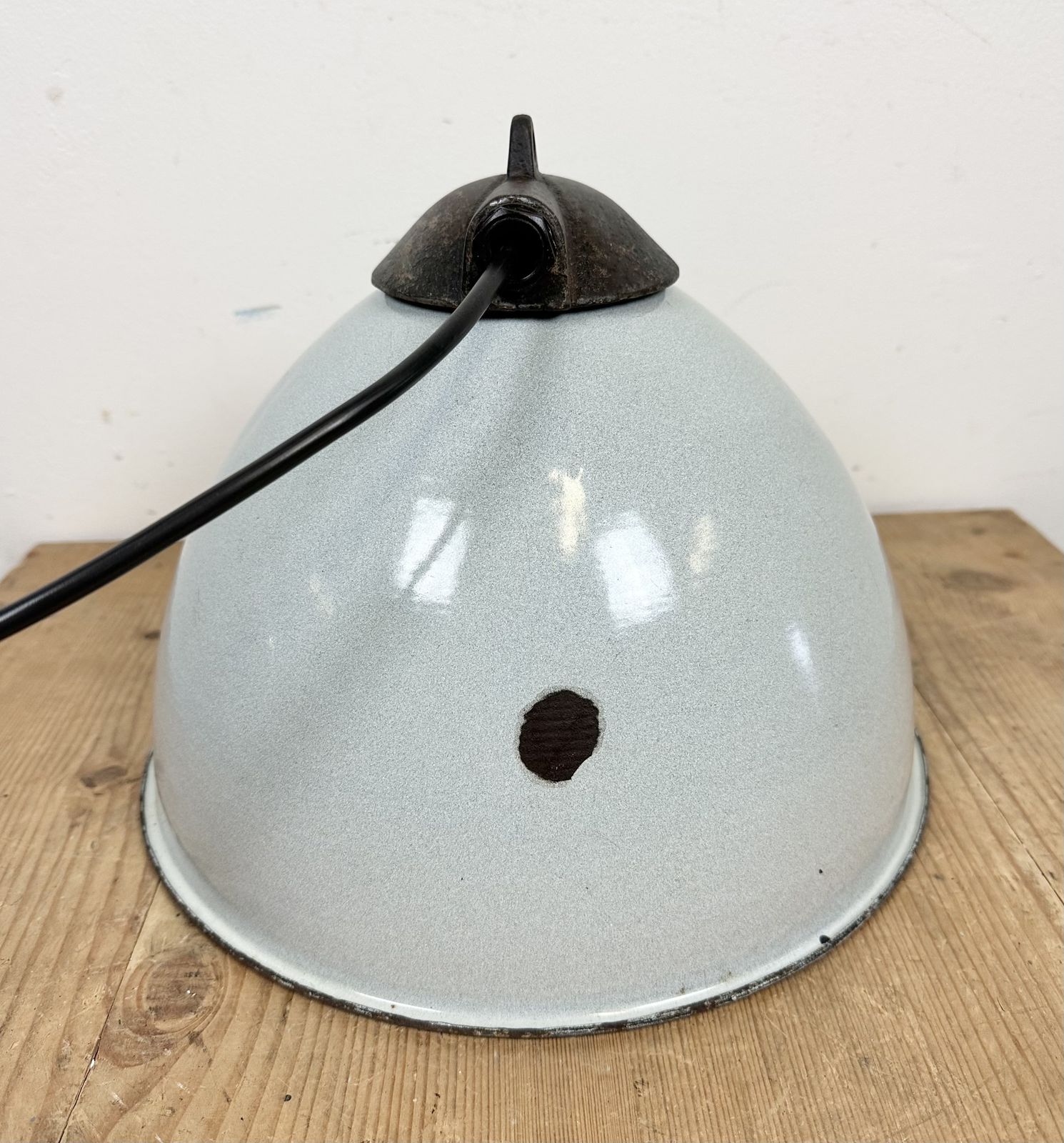 Industrial Grey Enamel Factory Lamp With Cast Iron Top, 1960s, 3x photo buy